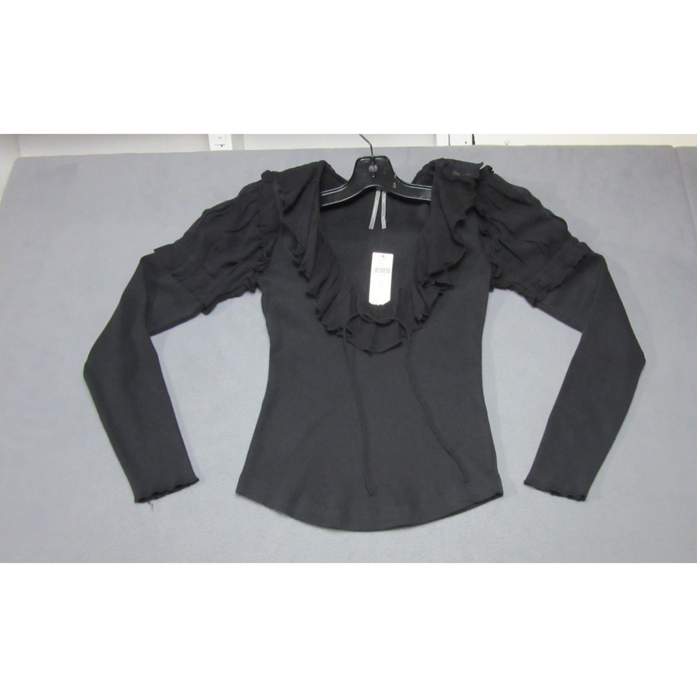Anthropologie Top Womens XS Black Ribbed Knit Long-Sleeve Tie Front Ruffle Trim